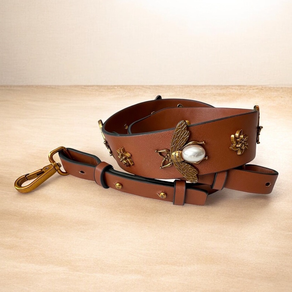 Clearly Brown Leather Handbag Strap Bee Faux Pearl Brass Studded Adjustable 41in